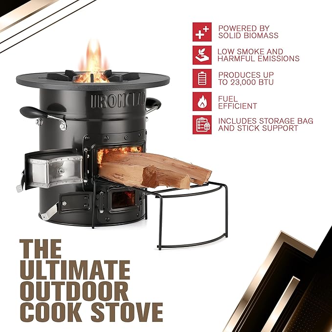 Rocket Stove – Camping Wood Stove for Emergency Preparedness, Survival, Off Grid Living Supplies – Portable Wood Burning Stove with Canvas Storage Bag and Fuel Support System