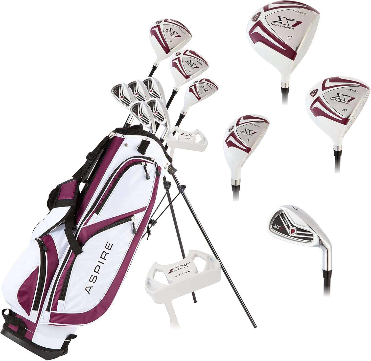 Aspire X1 Womens Golf Clubs Full Set, Includes Driver, Fairway, Hybrid, 6-PW Irons, Putter, Stand Bag, 3 H/C's, Light Graphite Shafts, Golf Clubs Women Right Handed, Purple, Regular or Petite Size