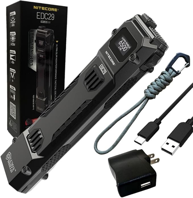 Nitecore EDC29 Every Day Carry Rechargeable Flashlight - 6500 Lumens w/Eco Sensa USB C Charging Cable and Wall Adapter