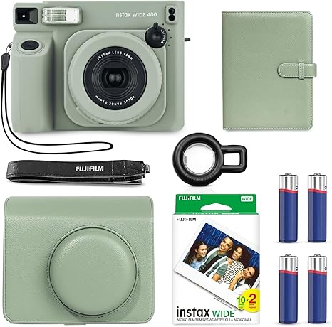 Fujifilm Instax Wide 400 Instant Camera (Sage Green) + INSTAX Wide Film (20 Exposures) + Shutter Accessories Bundle – Carrying Case, 80-Pocket Green Photo Album