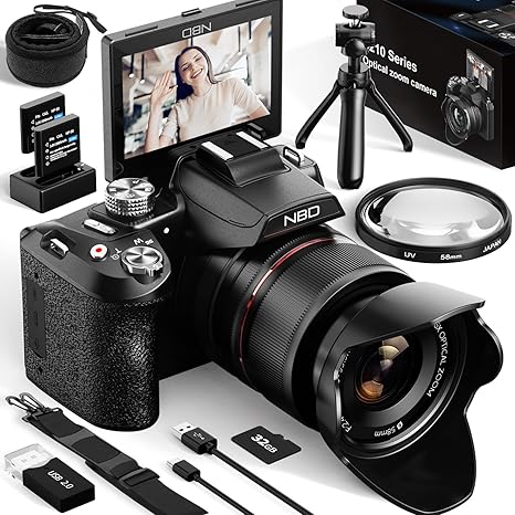 64MP Digital Cameras for Photography,5K Vlogging Cameras for YouTube,16X Optical Zoom Travel Point and Shoot Digital Cameras Fotograficas with 180°Flip Screen,58mm UV Lens,2 Batteries(Black)