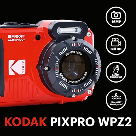 Kodak Pixpro WPZ2 Waterproof Shockproof Dustproof Built-in Wi-Fi 16MP 4X 2.7-Inch LCD Digital Camera with Digital Image Stabilization for Adventure Ready Users (Red)