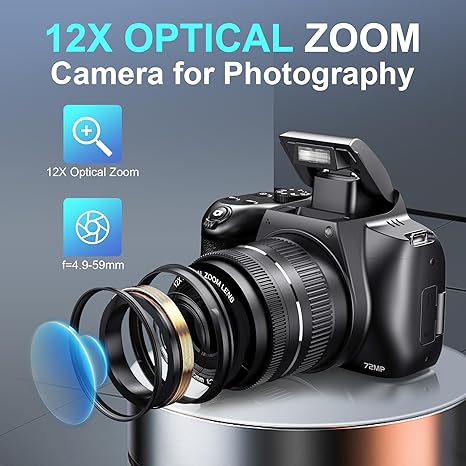 Cameras for Photography, 12X Optical Zoom 4K Digital Camera with WiFi & App Control, 72MP Vlogging Camera with 180° Flip Screen, Auto Focus, Dual Batteries, 59mm Wide Angle & Macro Lens, 32GB SD Card