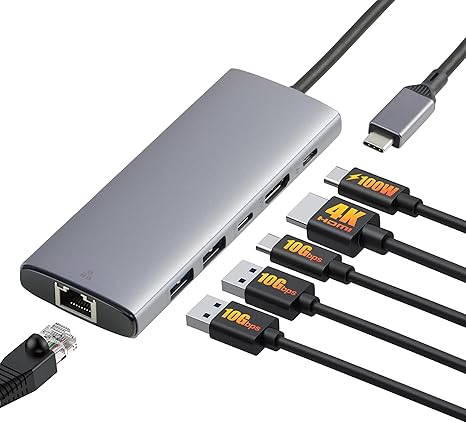 6-in-1 USB-C 3.2 (10G) Hub, 1 USB-C 100W PD Input, 2 USB-A, 1 USB-C, HDMI 4K, Ethernet, Light Grey, 11.94 x 4.6 x 1.5cm