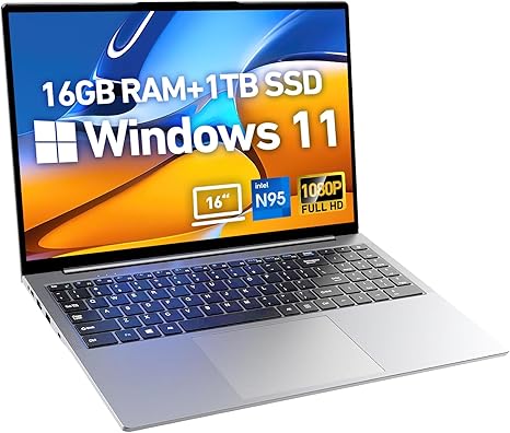 2025 Latest 16'' Full HD Laptop Computer Windows 11, 16GB RAM 1TB SSD, 12th Gen Intel N95 Processor(Max 3.4GHz), 8000mAh Battery, Backlit Keyboard, Type-C, HDMI, WiFi5, BT, Webcam, Silver