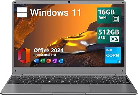15.6" Windows 11 Laptop, Intel Core i3-5005U, 16GB RAM, 512GB SSD, FHD IPS Display, 2.4G/5G WiFi, BT5.0, RJ45, Webcam, Long Battery Life - for Work, Study, and Entertainment