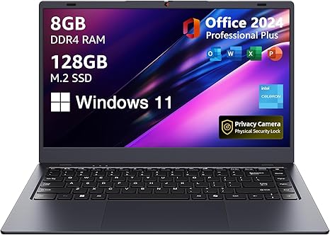 Laptop Computer with MS Office 2024, 14.1 inch HD Display, 8GB RAM/128GB SSD, N5095 Quad Core Processor Notebook PC, Support 2.4G/5G Hz WiFi, BT