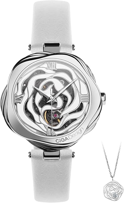 CIGA Design Watches for Women Denmark Rose Series Fashion Automatic Mechanical Skeleton Wrist Watch with Bonus Necklace Gifts (Leather Strap, Mechanical Movement)