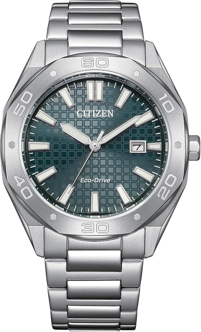 Citizen Men's Eco-Drive Sport Casual Weekender Silver Stainless Steel Watch, 3 Hand, Date, Patterned Green Dial (Model:BM7630-80X)