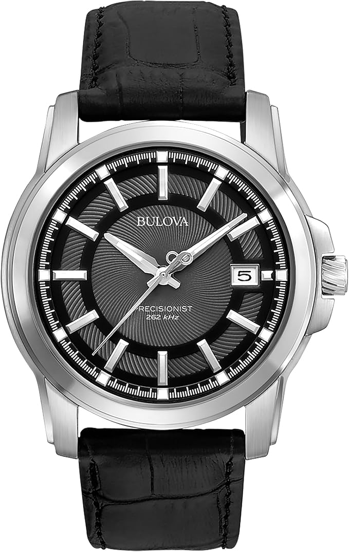 Bulova Men's Precisionist 3-Hand Calendar in Stainless Steel with Black Leather Strap and Black Patterned Dial Style: 96B158