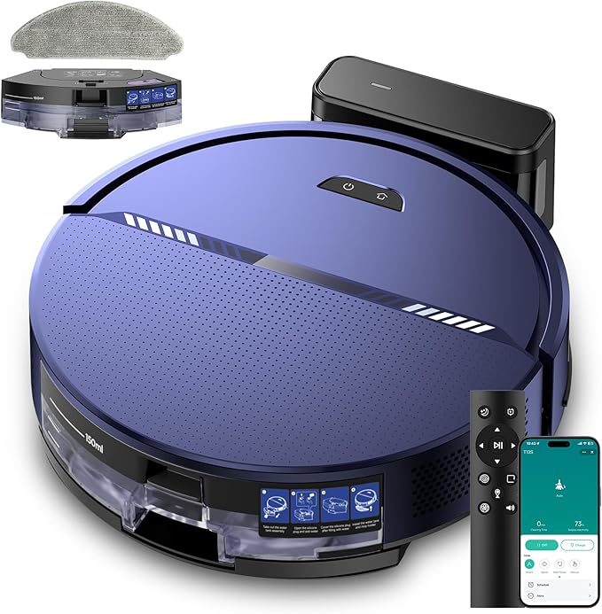 Robot Vacuum and Mop Combo, 8000Pa Suction Automatic Vacuum Robot with Mop 2 in 1, APP/Voice/Remote Control, Self-Charging, Slim, Ideal for Hard Floor, Pet Hair, Carpet