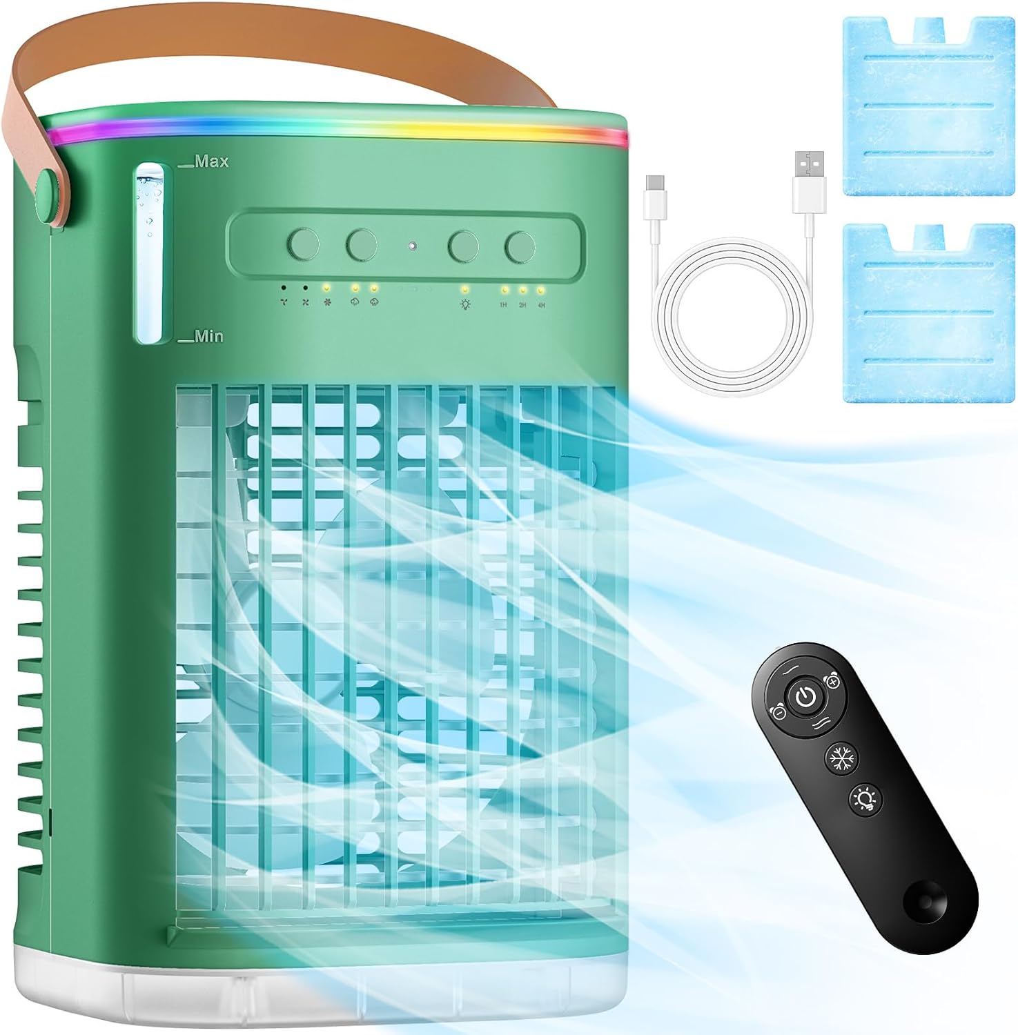 FANCOLE Personal Air Conditioner w/Remote, 2 Ice Packs, 1200ML Tank, 7H Timer for Smart Auto-Off, 2 Cool Mist, 3-Speed Portable Air Conditioner, 7-LED Light Evaporative Air Cooler for Room