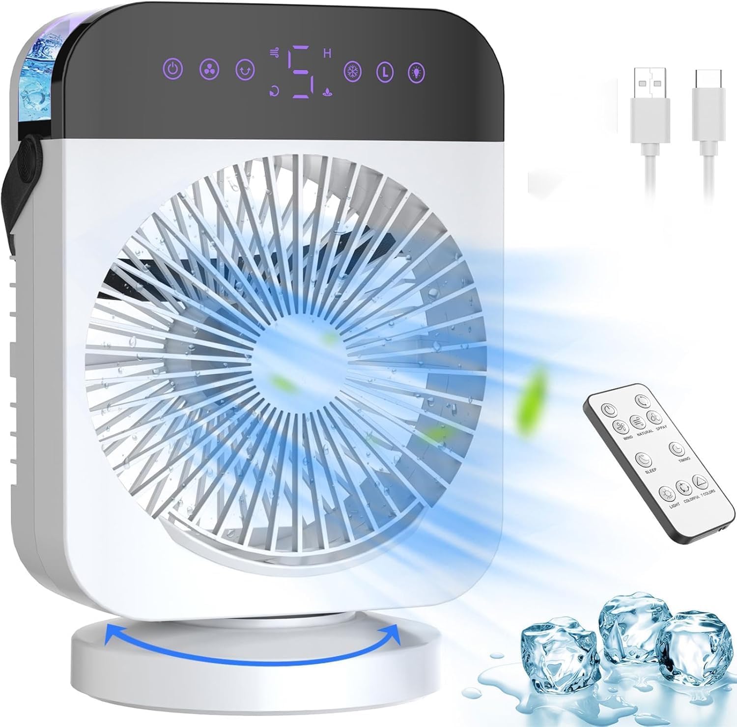 Air Conditioner Portable, Mini Portable Ac Fan With 4 Speeds, 70° Oscillating, 2 Levels Spray & 12h Timer, 4-In-1 Small Personal Evaporative Cooler With Night Light & Remote Control For Room Office
