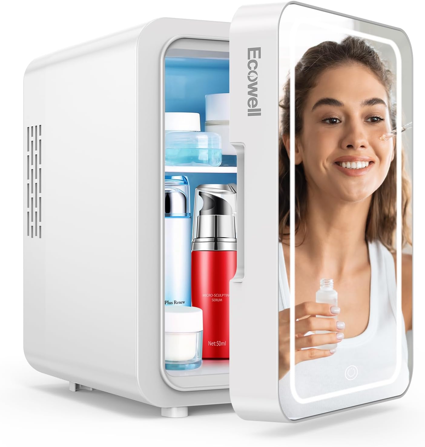 ECOWELL Skincare Fridge, Mini Fridge for Bedroom, 4L Skin Care Fridge with LED Mirror for Makeup Cosmetic Beauty, portable Refrigerator for Office Dorm Car, Cooler & Warmer, AC & DC, White