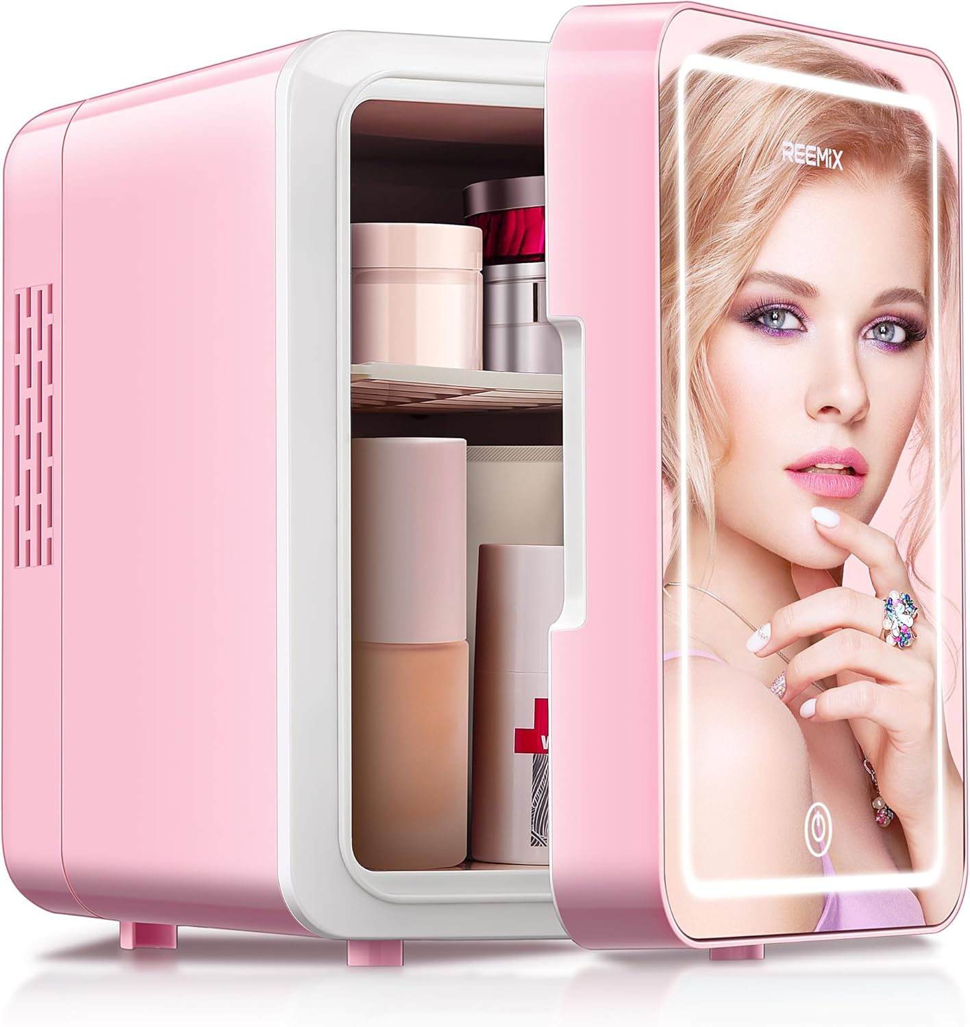 Skincare Fridge, Mini Fridge with Dimmable LED Morror, 4L Makeup Fridge for Bedroom, Car, Office & Dorm, Cooler & Warmer, Portable Small Refrigerator for Cosmetics, Skin Care and Food, Pink (4L/6Cans)