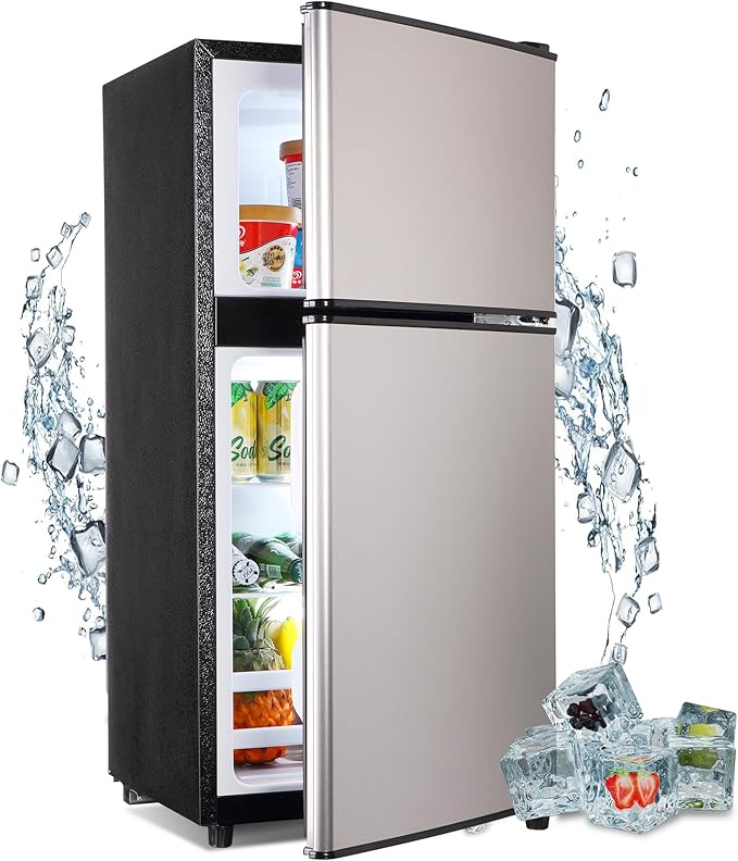 Mini Fridge with Freezer, 3.2 Cu. Ft. Apartment Size Refrigerator with Freezer, Dorm Fridges with Freezer Adjustable Thermostat, Small Refrigerator for Apartment, Office, Kitchen, Dorm, Silver