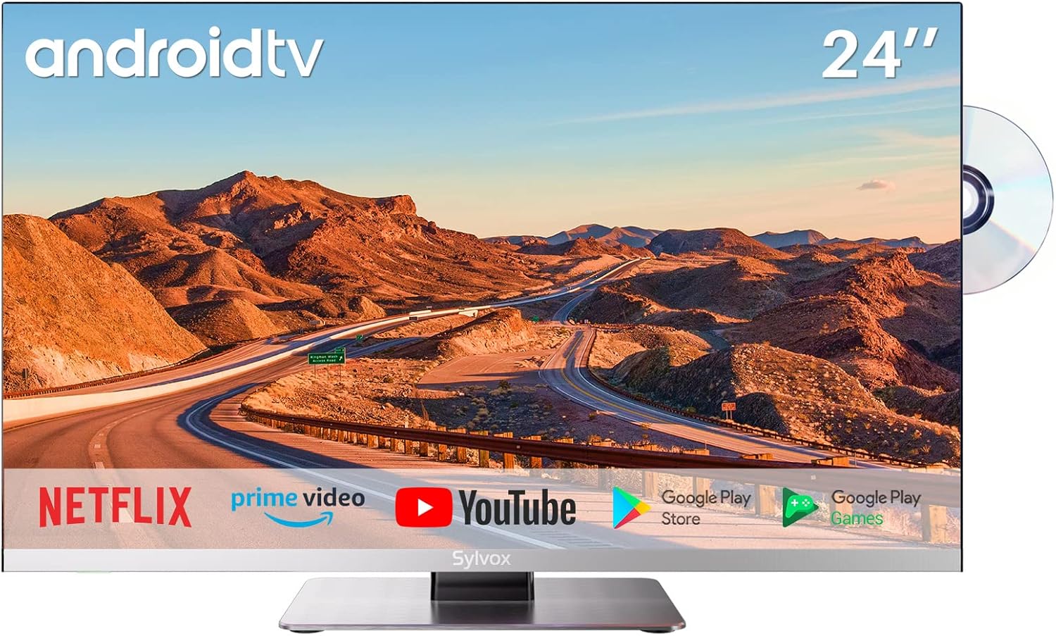 SYLVOX Smart RV TV, 24 inch TV with DVD Player Built-in, 12 Volt TV for RV Camper 1080P FHD, Android Smart Free Download APPs, Support WiFi Bluetooth, 2 HDMI & 2 USB, AC/DC Powered, Frameless Design