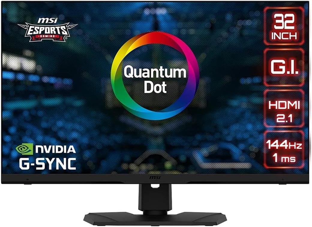MSI MPG321UR QD 32" Gaming Monitor, 3840 x 2160 (UHD), IPS with Quantum Dot, 1ms, 144Hz, G-Sync Compatible, HDR 600, HDMI, Displayport, USB Type-C, Tilt, Swivel, Height Adjustable, Black
