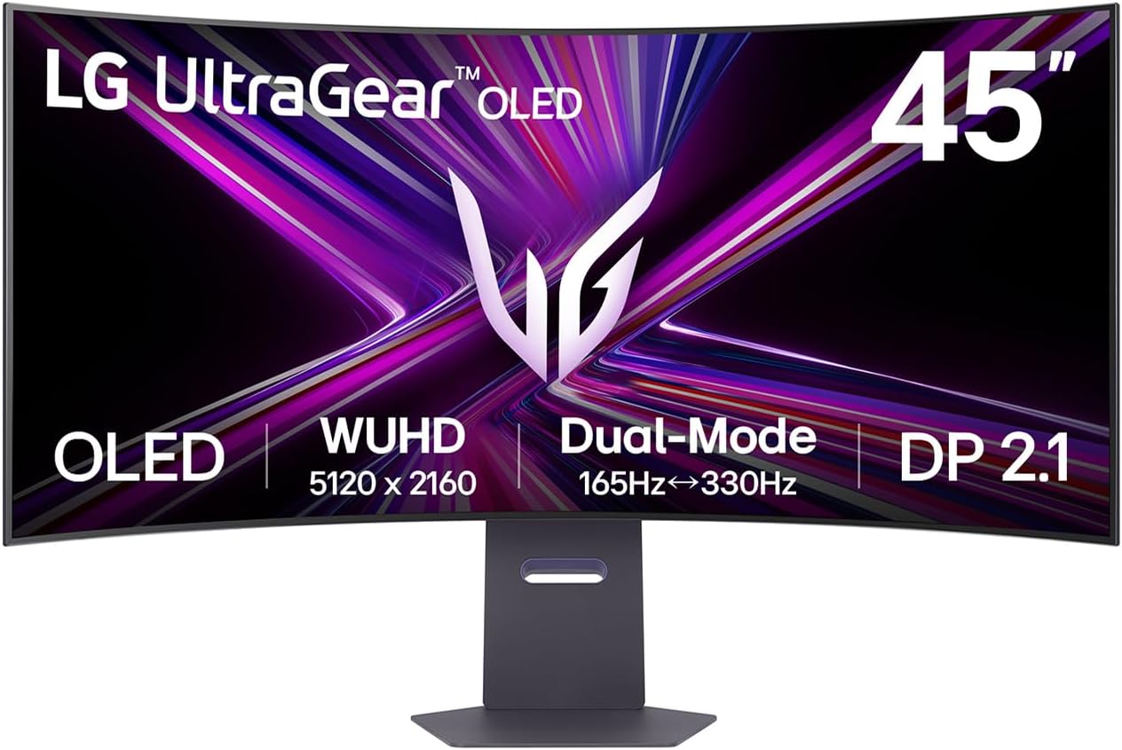 LG 45GX950A-B 45-inch Ultragear 5K2K WUHD (5120 x 2160) OLED Curved Gaming Monitor, Dual-Mode, 165Hz, 0.03ms, NVIDIA G-Sync, AMD FreeSync Premium Pro, HDR True Black 400, USB Type-C 90W, DP2.1, Black
