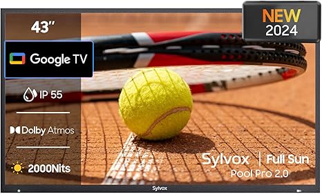SYLVOX Outdoor TV, 43-Inch Waterproof Smart TV, 2000 nits Full Sun TV, 4K, Dolby Atmos, HDR10, Weatherproof Television with Voice Assistant Remote (Pool Pro 2.0, Latest Model)