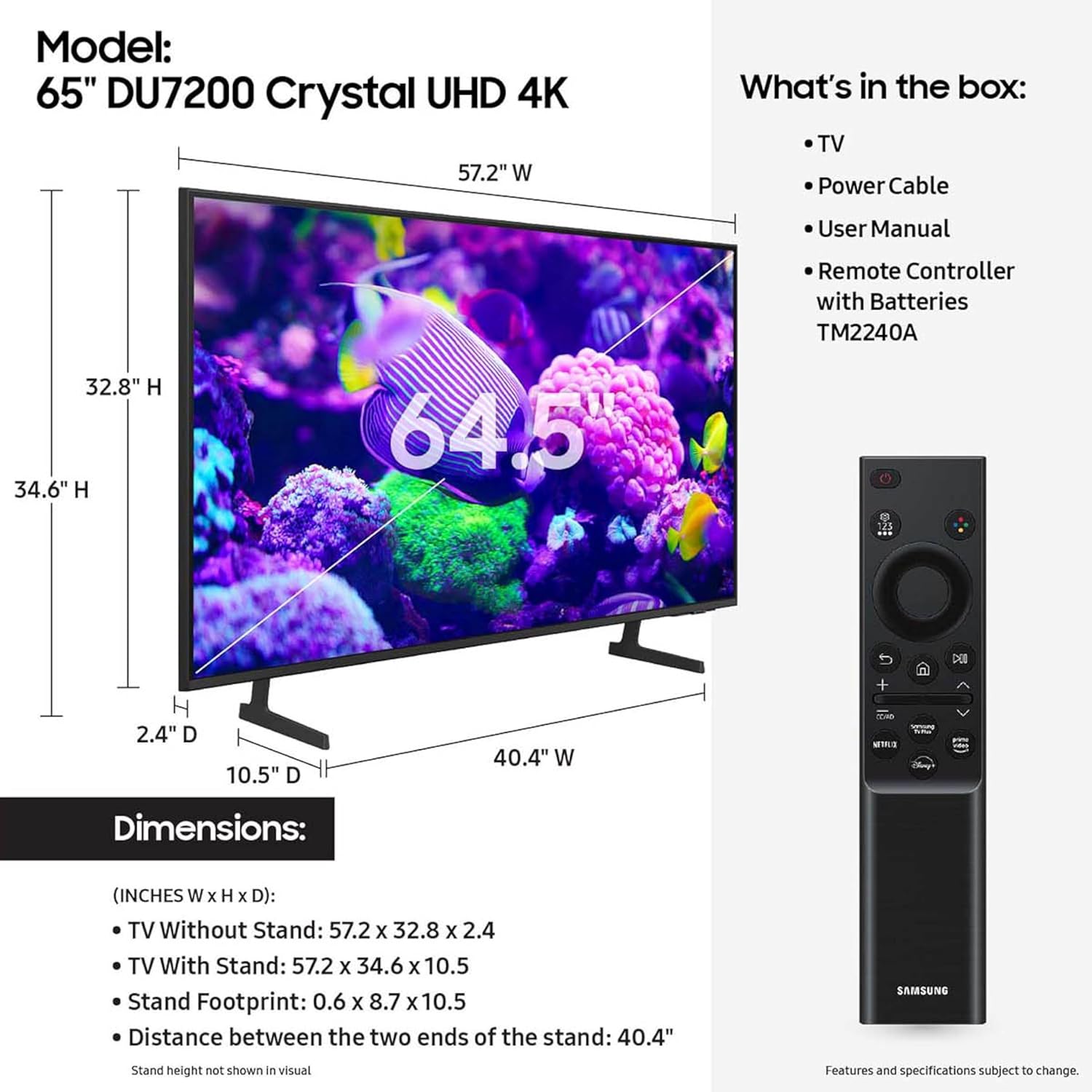 Samsung 65" Class Crystal UHD 4K DU7200 Series HDR Smart TV with Object Tracking Sound Lite, PurColor, Motion Xcelerator, Mega Contrast, Q-Symphony (UN65DU7200, 2024 Model)