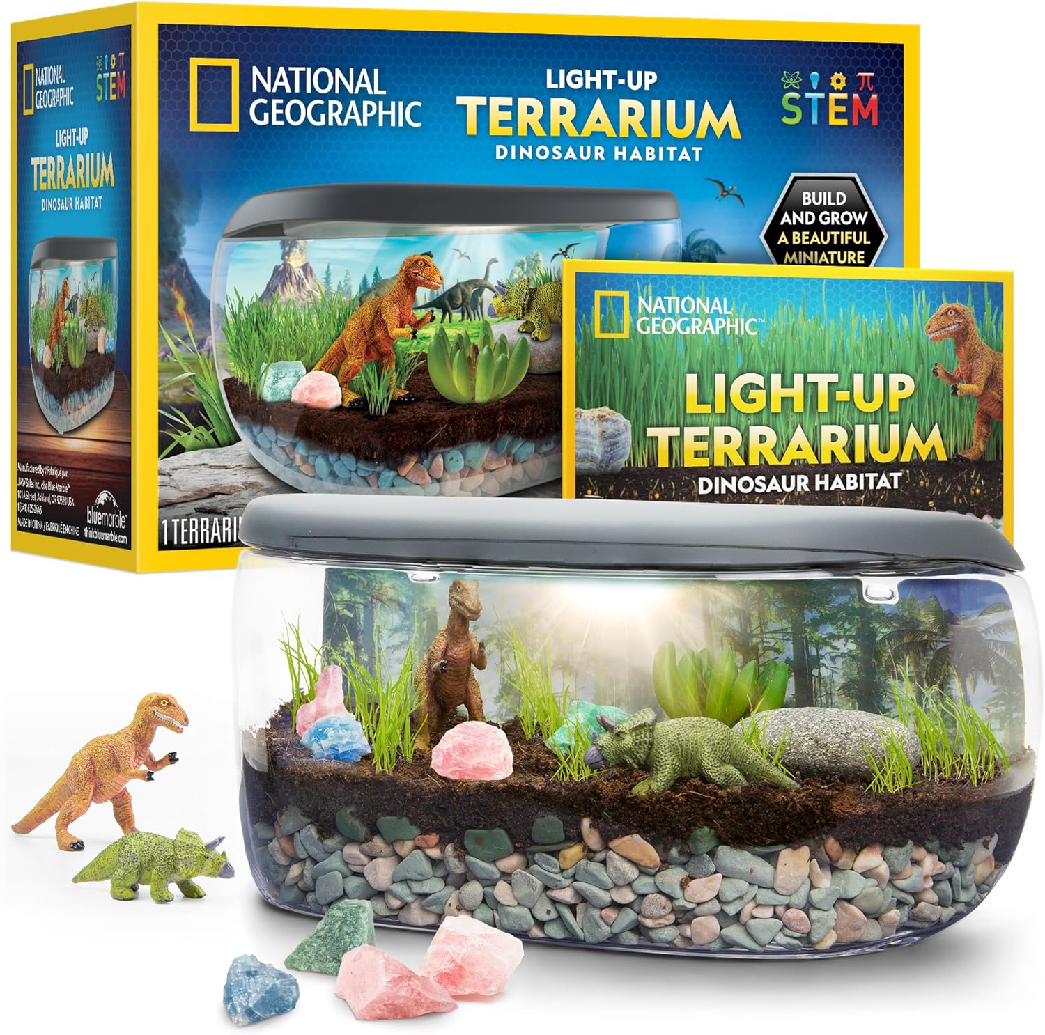 NATIONAL GEOGRAPHIC Light Up Terrarium Kit for Kids - Build a Dinosaur Habitat with Real Plants & Gemstones, Science Kit Gift for Boys & Girls, Dinosaur Toys for Kids