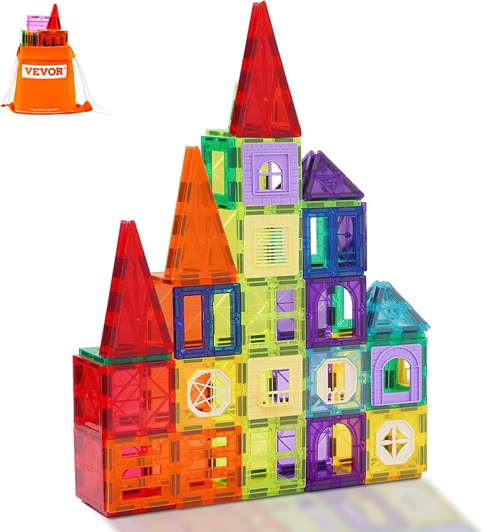 VEVOR Magnetic Tiles, 32 Pieces Kids Magnetic Building Blocks, Magnet Building Blocks Set with Storage Bag, STEM Sensory Education Building Stacking Toy, Gift for Toddler Boys and Girls Ages 3+