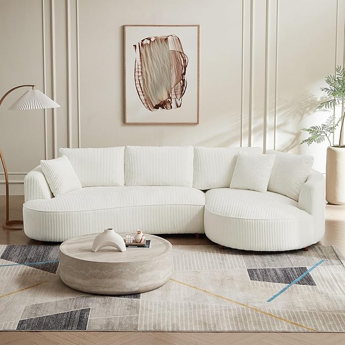 Luxury Right Facing Cloud Couch Oversized 6 Seats Curved Sectional Sofa, Modern Corduroy Upholstered Sofa Couch with Wide Lounge Chaise and 6 Pillows, Gorgeous Curved Sofa&Couch for Living Room