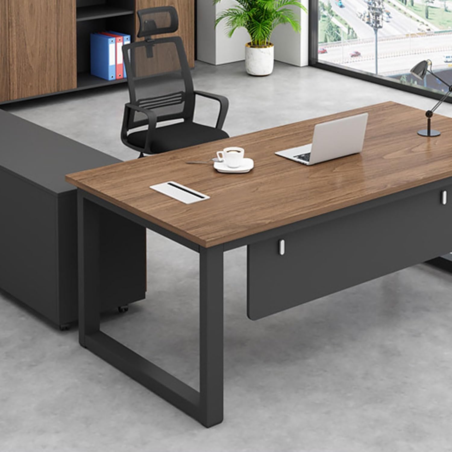 YZABEL L Shaped Corner Executive Desk with Storage Cabinet, Modern Design Office Computer Desk Writing Study Table Business Furniture Set Workstation for Home Office