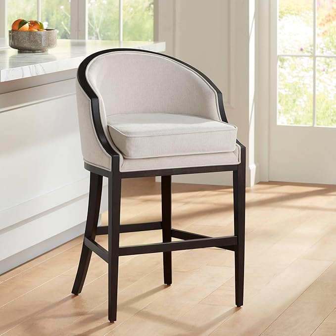 55 Downing Street Jasper Truffle Wood Bar Stool Brown 31 1/2" High Mid Century Modern Oatmeal Fabric Upholstered Cushion with Backrest Footrest for Kitchen Counter Height Island Home House Shed