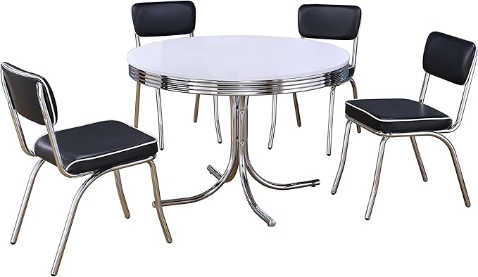 Coaster Home Furnishings Retro 1950s Soda Fountain Diner 5-Piece Dining Room Set Round Table White Laminate Top Black Faux Leather Upholstered Dining Side Chairs Sturdy Steel Chrome Base 2388-S5