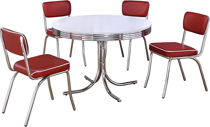 Coaster Home Furnishings Retro 1950s Soda Fountain Diner 5-Piece Dining Room Set Round Table White Laminate Top Red Faux Leather Upholstered Dining Side Chairs Sturdy Steel Chrome Base 2388-S5R
