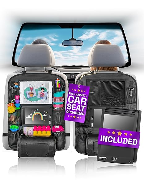 Set of 2x PU Leather Backseat Car Organizers + 2x LCD Drawing Tablets - Car Seat Organizers with Touch Screen Tablet Holder, Back Seat Organizer for Kids, Car Storage for Toys