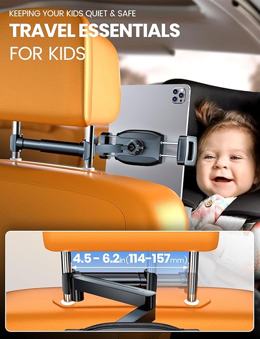 eSamcore for iPad Car Holder Back Seat, 1.57" Extra Deep Clamp Headrest Tablet Holder for iPad Car Mount Backseat Road Trip Essentials Kids for 4.7"-11" Tablet for iPad Pro Air Mini Galaxy Tab