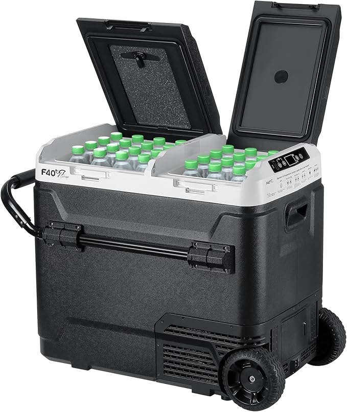 F40C4TMP 12 Volt Portable Refrigerator, 64 Quart Dual Zone Car Freezer, Independent Temp Control(-4℉~68℉), 61L Compressor Fridge, Wheels & 2 Baskets for Camping, Travel, Road Trip, 12V/24V DC&110V AC