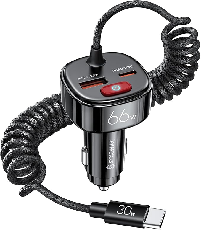 Syncwire USB C Car Charger with [Battery Leakage Prevention] 66W Super Fast Car Adapter with PD & QC 3.0 Built in 6FT Type C Coiled Cable for iPhone 16/15 Series, Samsung Galaxy/Google Pixel/iPad Pro