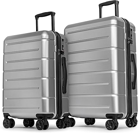 KYME Silver Grey 2 Piece Luggage Sets with Spinner Wheels Hardside 22/26 Inch Suitcase Sets with TSA Lock 22x14x9 Carry On Travel Rolling Luggage Set with Cup Holder for Women Men
