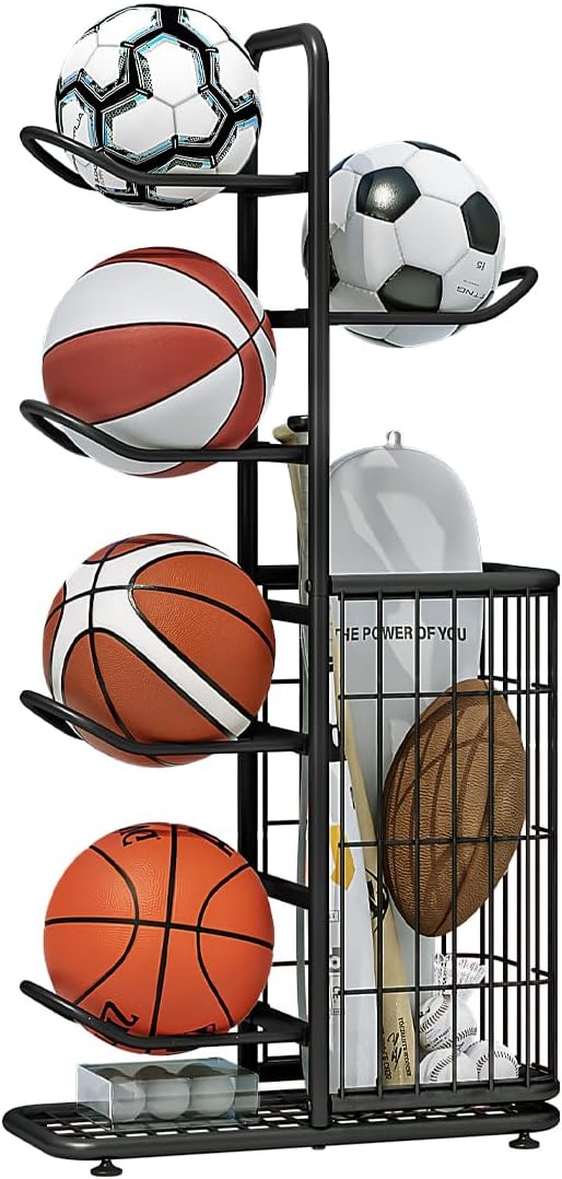 Ball Storage Basketball Rack Organizer Sports Equipment Garage Stand 6 Tier for Football Volleyball Soccer Indoor Outdoor, Black