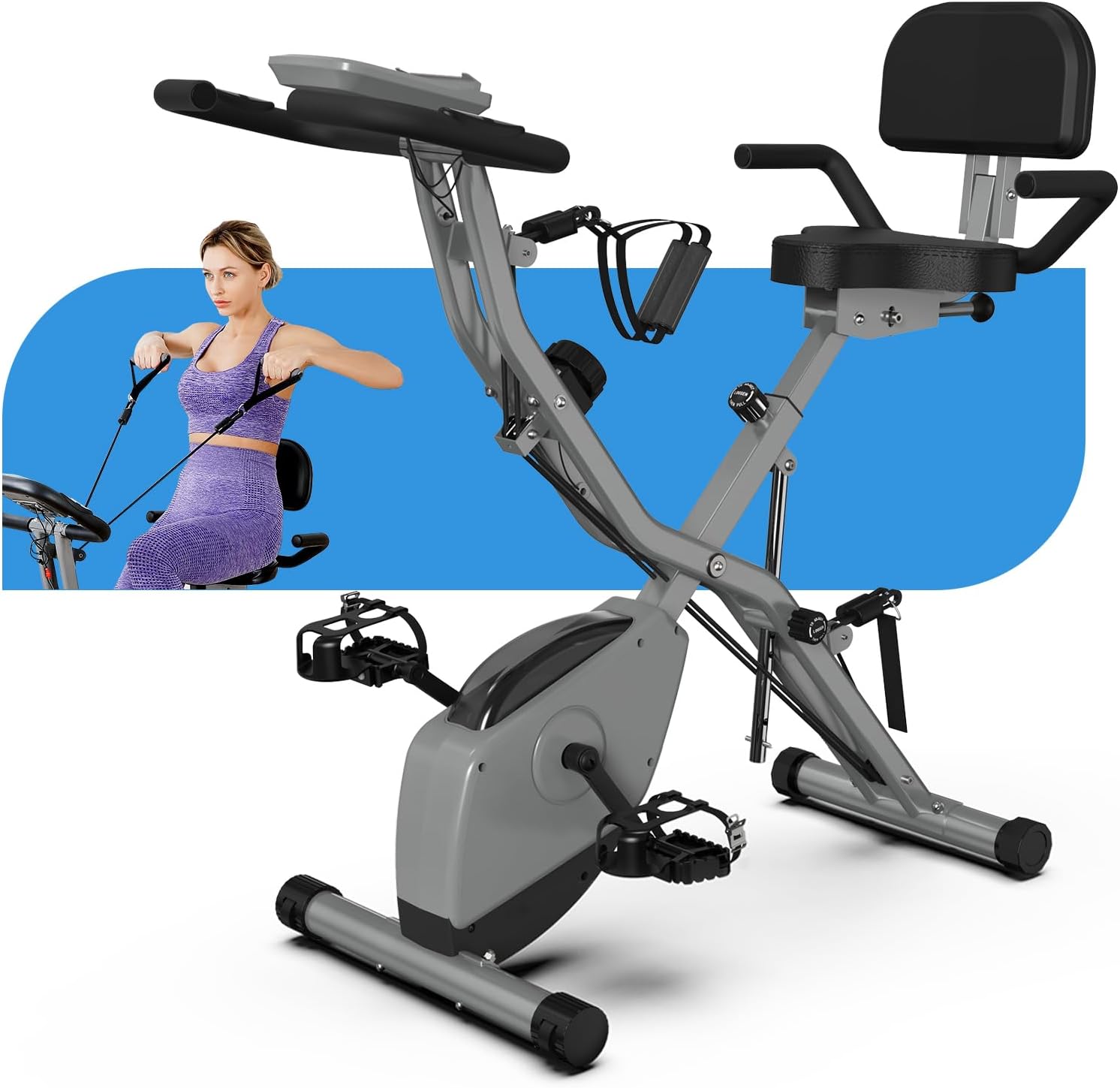 Indoor Exercise Bike for Seniors, 5-in-1 Foldable Stationary Bike with 16 Levels of Magnetic Resistance and Three-Stand Cycling, 300-lb Capacity, Flywheel, for Home Workouts 818 Grey