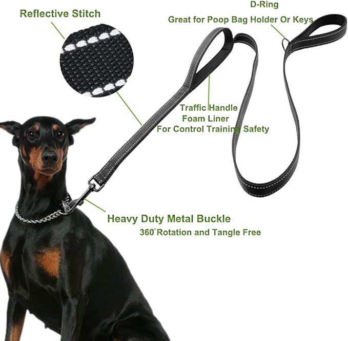 Dog Leash for Large Dogs, Traffic Padded 2 Handles for Extra Control, 6 FT Long with Reflective Stitch for Night Walking Black