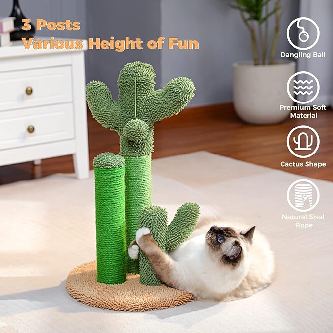 PAWZ Road Cat Scratching Post Cactus Cat Scratcher Featuring with 3 Scratching Poles and Interactive Dangling Ball - 35 Inches