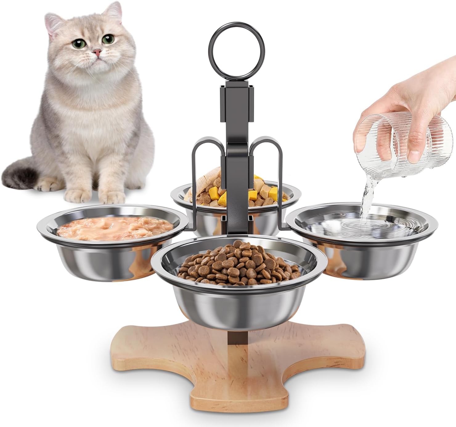 Elevated Cat Bowls with Stand, 3 Height Adjustable Raised Cat Food and Water Bowl Set for Indoor Cats, 4 Stainless Steel Tilted Dog Bowls Dishes for Small Size Dog, Non-Slip Pet Feeding Station