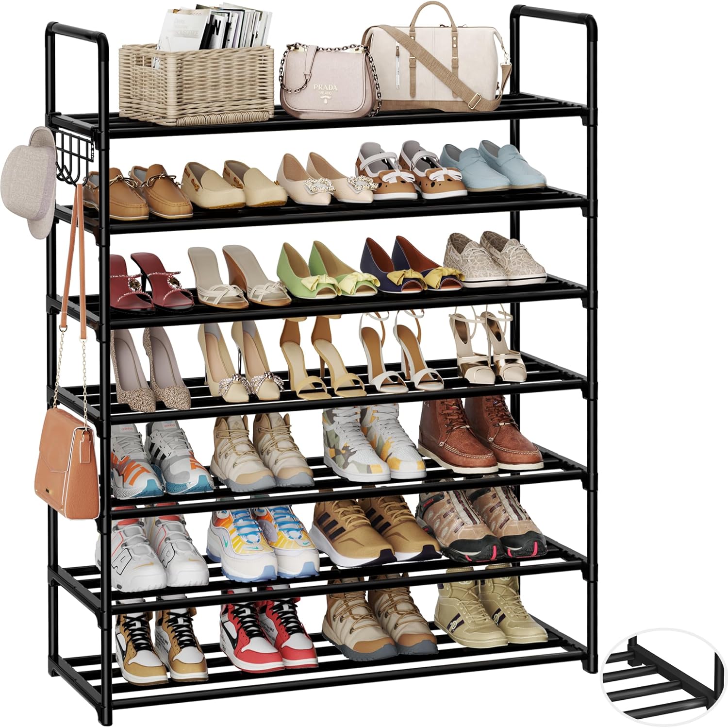 Metal shoe storage rack, 7-layer shoe rack with hooks, suitable for 28-35 pairs, adjustable shoe rack, suitable for entrance corridors, bedrooms, and metal bottom supports