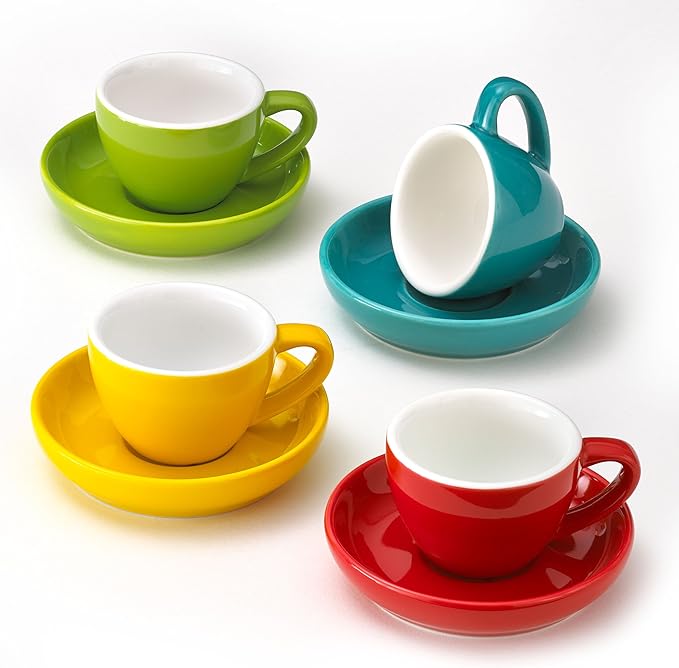 Espresso Cups and Saucers by Easy Living Goods - 3-Ounce Demitasse for Coffee, Set of 4, Assorted Colors (Vibrant)