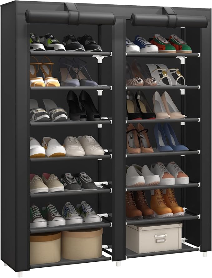 JIUYOTREE 7-Tier Shoe Storage Organizer with Dustproof Cover - Closet Cabinet Shelf Holds up to 28 Pairs - for Doorway, Corridor, Balcony, Living Room - Black