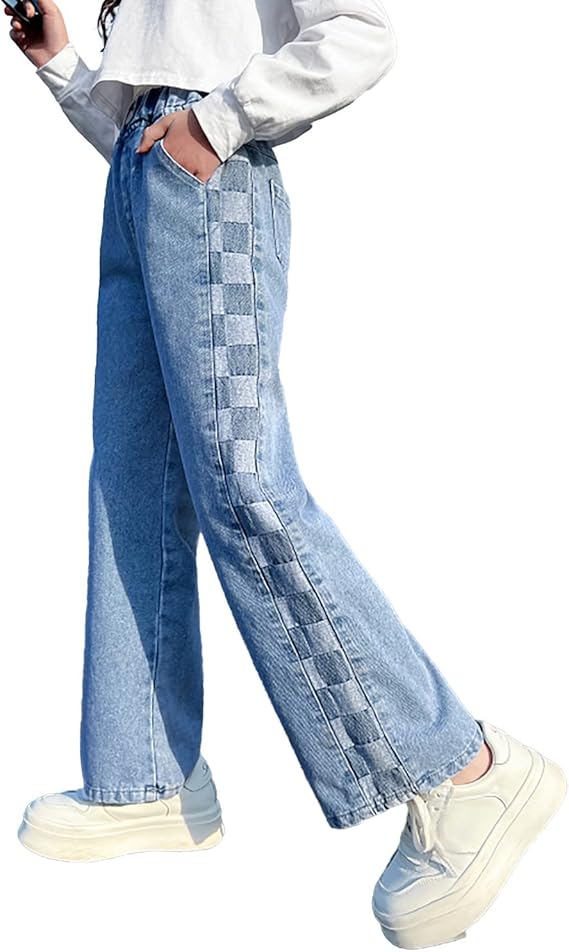 Rolanko Girls Jeans Denim Elastic Wasit Wide Leg Baggy Pants Kids Clothes 4-14 Years