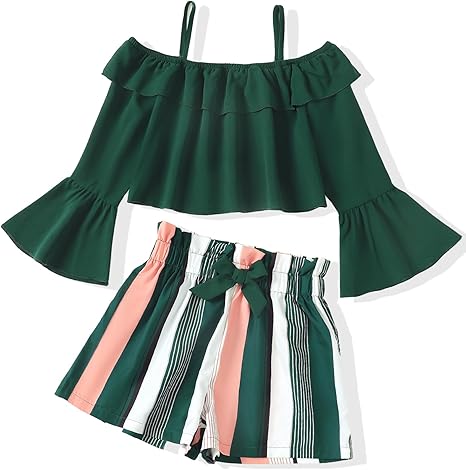 Girls Summer Clothes 2 Piece Cute Outfits Kids Boho Floral Print Long Sleeve Crop Top Shorts Clothing Set