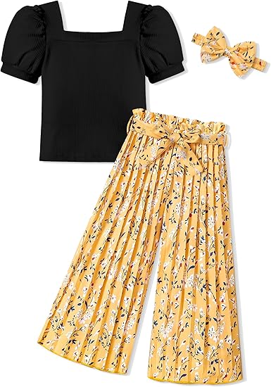 DONWEN Toddler Kids Girl Clothes Square Neck Shirt Top + Stylish Pants + Headband 3pcs Spring Summer Girl Outfits Set