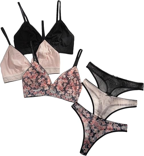 GORGLITTER Women's 3 Pack Mesh Bra and Panty Set Triangle Bralette and Underwear Cute Lingerie Set