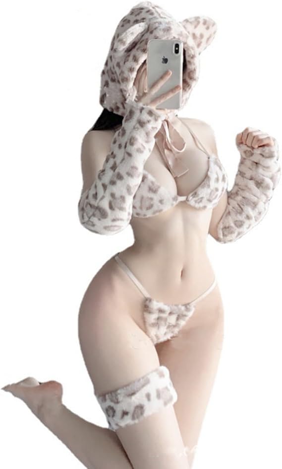 Cute Lingerie Animal Tiger Polka Dot Cat Underwear Sexy Plush Bra Uniform Cosplay Costume Set